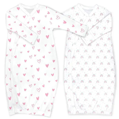 Cambria Baby 100% Organic Kimono Gowns. Side Snaps with Built in Mitts. (Hearts and Rainbows, 0-6 Months)