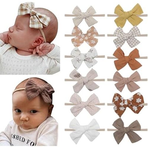 Baby Girls Hair Bow Headbands, Nylon Elastci Bowknot Hairband, Hair Accessories 12 PCS for Newborn Infant Toddlers (coffee NB 12 pcs)