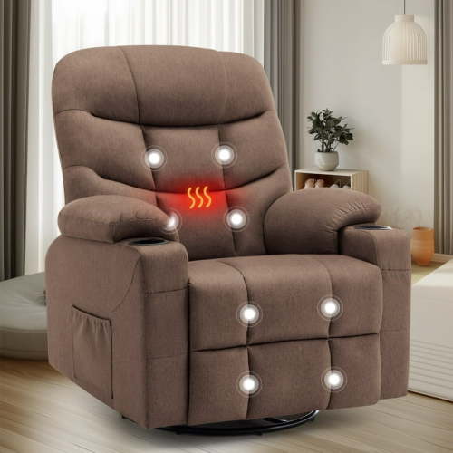 Korser Swivel Glider Rocker Recliner Chair with Massage and Heat for Living Room,Brown
