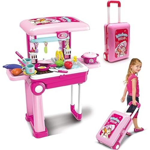 2-in-1Travel Luggage Turn into Play Kitchen, Kids Kitchen Playset Toys with 25+Play Food for Toddelers, Girls and Boys, Pretend Play, 25" H x 9.8" W x 20.8" L