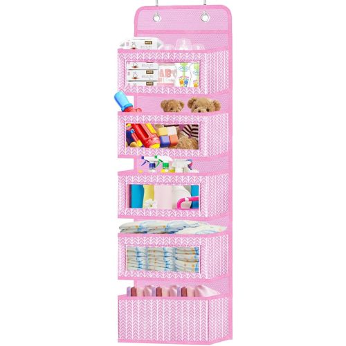 VERONLY Over The Door Hanging Organizer with 5 Large Pockets - Wall Mount Pantry Storage with 2 Big Metal Hooks for Baby Girl’s Diapers Closet, Bathroom, Nursery, Bedroom, Dorm, Baby, Kids Toys (Pink)