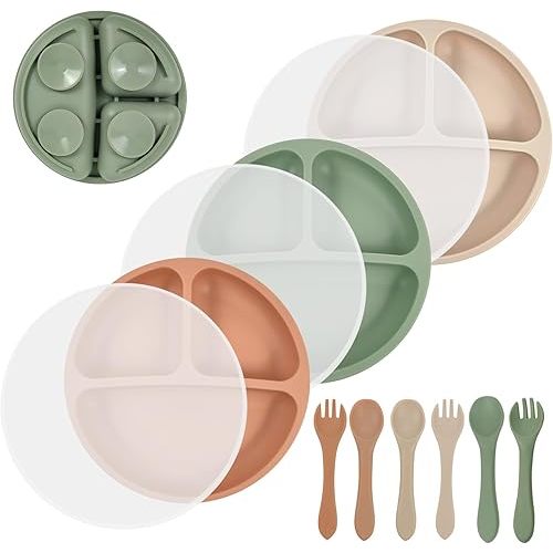3 Pack Toddler Plates - Divided Suction Plates with Lids, 100% Silicone, Non-Slip, Microwave & Dishwasher Safe