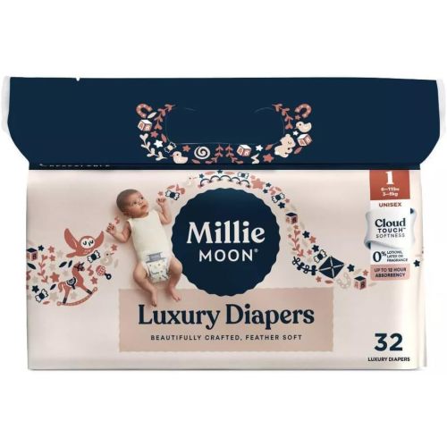 Millie Moon Luxury Diapers, Size 1, 32 Count, Cloud Touch Softness, 12 Hour Absorbency, Unisex