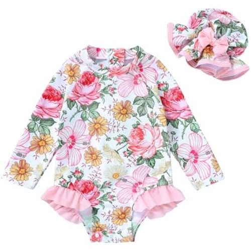 Infant Baby Girl Swimsuit One-Piece Long Sleeve Rash Guard with Hat Set Floral Zipper Bathing Suit Leopard Beach Wear