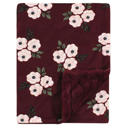 Hudson Baby Infant Girl Plush Blanket With Furry Binding And Back, Burgundy Floral, One Size