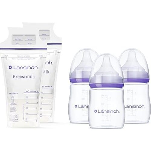 Lansinoh Breastmilk Storage Bags, 200 Count, Breast Milk Storage Bags for Feeding, Baby Essentials, Strong Double-Sealed, 6oz + Lansinoh Anti-Colic Baby Bottles for Breastfeeding Babies, 5oz, 3 Count