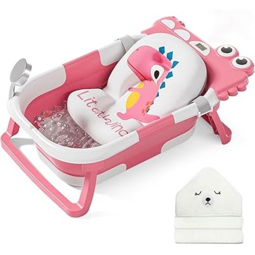 MoreFeel Collapsible Baby Bathtub for Newborn with Thermometer & 1 Hooded Towel & 1 Soft Floating Cushion,Portable Travel Bathtub with Drain Hole, Durable Foldable Baby Tubs for Infants to Toddler