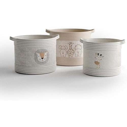 RGI Home Decorative Storage Baskets with Safari Animal Prints – Set of 3 Round Fabric Rope and Linen Organizer Bins for Nursery or Playroom, Multi-Sized with Easy-Carry Handles, Ivory, Tan, and Linen