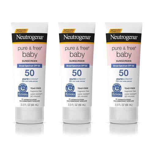 Neutrogena Pure & Free Baby Mineral Sunscreen Lotion with Broad Spectrum SPF 50 & Zinc Oxide, Water-Resistant, Hypoallergenic & Tear-Free Baby Sunscreen, Paraben-Free, Dye-Free, 3 fl. oz