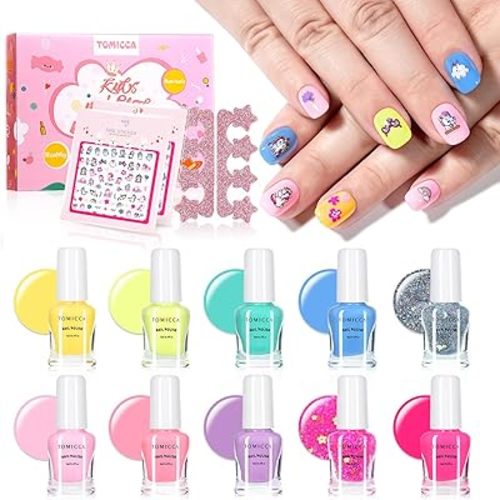 TOMICCA Kids Nail Polish Set, Non Toxic Quick Dry Water-Based Peel-Off 10 Colors Toddler Nail Polish Kit Natural Safe Quick Diy Kids Gifts Kit for Girls Ages 5+