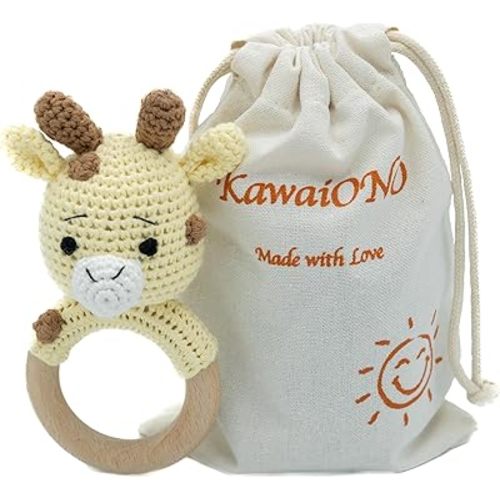 Handmade Cotton Crochet Amigurumi Giraffe Rattler with Wooden Handle - Perfect Baby Stuff for Learning and Fun, Ideal Stuffed Animals for Infants, Toddlers - Unique Baby Boy Stuff