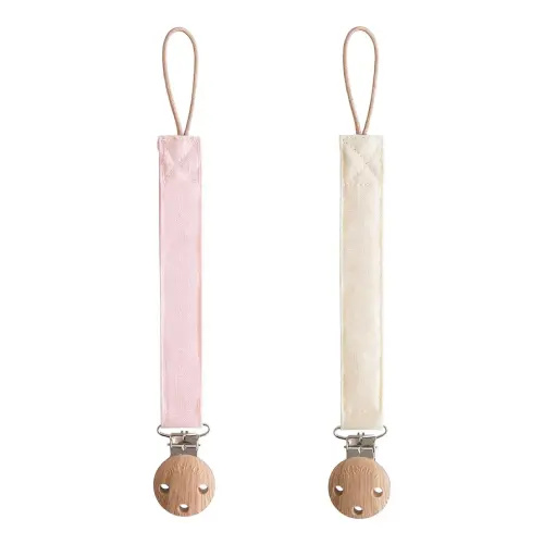 mushie Linen Baby Pacifier Clip Holder | Soft Fabric Strap, 2-Pack (Blush/Cream)