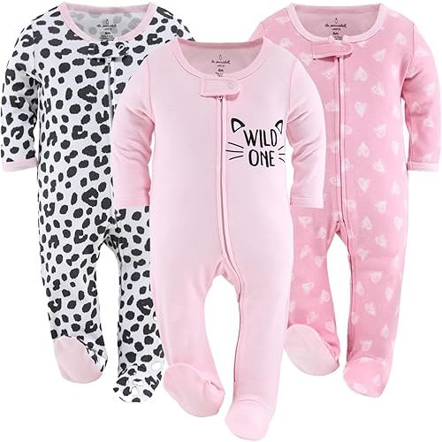 The Peanutshell Baby Sleepers for Girls Set of 3 - Soft Cotton Footed Pajamas for Newborns, Infants & Toddlers Cheetah Hearts