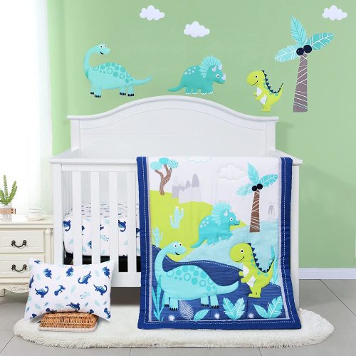 JISEN 3-Piece Baby Boy Dinosaur Crib Bedding Set with Microfiber Quilt, Crib Sheet, and Pillowcase