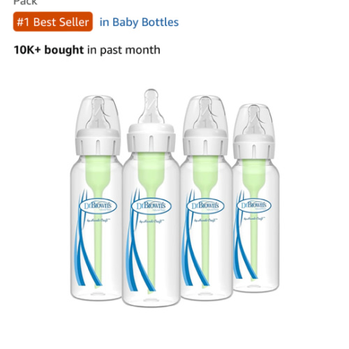 Dr. Brown's Natural Flow Anti-Colic Options+ Narrow Baby Bottle, 8 oz/250 mL, with Level 1 Slow Flow Nipples, 0m+, 4 Pack