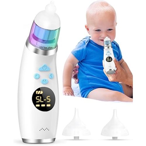 Nasal Aspirator for Baby, Electric Nose Suction for Baby with 5 Levels, Automatic Baby Nose Sucker for Toddler with 3 Tips, Baby Nose Aspirator with Self-Cleaning, Music and Light Function, Blue