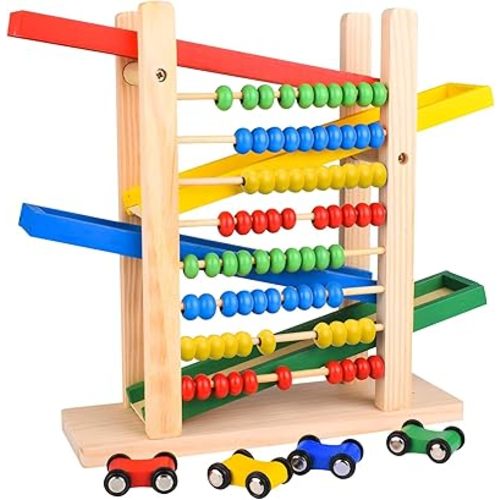 Montessori Toys for Toddlers, Car Track for Toddlers 3-5 with 4 Cars and a Wooden Abacus Toy for Kids Math - Wooden Toys Cars - Toddler Race Track- Autism Toys Car Ramp Toy