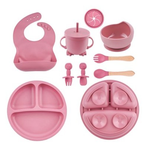 Lumikrypt Silicone Baby Feeding Set, 9 Pcs Baby Led Weaning Utensils, Baby Suction Bowl, Plates, Bib, Spoons Set, Sippy Cup with Straw, Baby Self Feeding Supplies Set