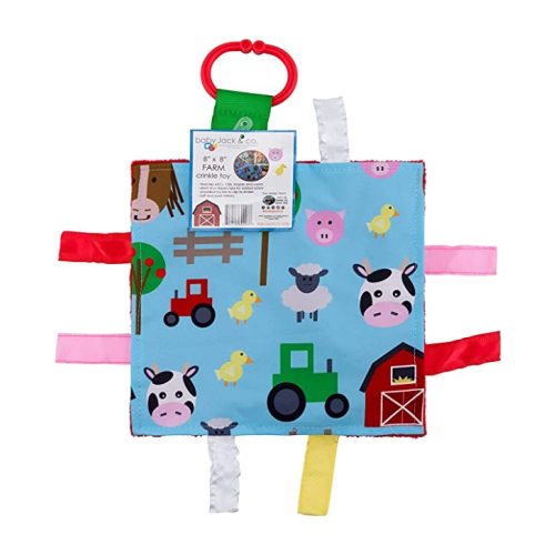 Baby Sensory Crinkle & Teething Square Lovey with Closed Ribbon Tags Enhances Cognitive Social & Emotional Development 8 X 8 Inch (Farm Friends)