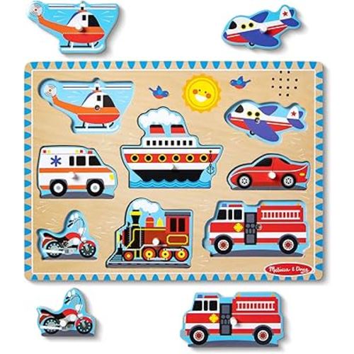 Melissa & Doug Vehicles Sound Puzzle – 8-Piece Wooden Peg Puzzle with Light-Activated Sounds, Music Learning Toy for Toddlers and Preschoolers Ages 2+