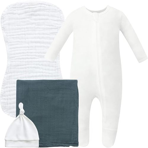 Owlivia Organic Take Me Home Outfit Set, Newborn Baby Boy Girl Footed Pajama Hat and Muslin Blanket Gift Set,3 Pcs