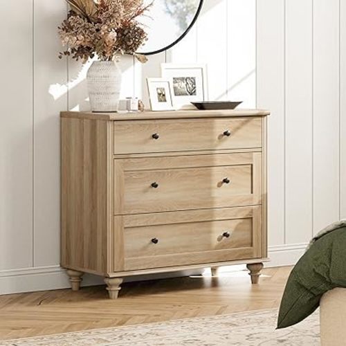 WAMPAT Dresser for Bedroom with 3 Drawers, Oak Kids Dressers with Wide Chest of Drawers, Mid Century Modern Wooden Closet Storage Organizer, Small Dressers for Nursery, Hallway, Living Room