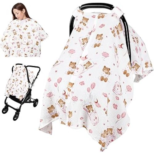 Car Seat Cover Baby Girls Boys, Summer Cotton Baby Car Seat Cover for Carseat, Comfortable Muslin Nursing Cover, Soft Baby Blanket, Breathable Lightweight Infant Stroller Canopy, Pink Bear