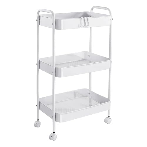 Vtopmart 3 Tier Metal Rolling Cart with Wheels, Utility Storage Cart with Handle and Lockable Casters, Storage Basket Organizer Shelves, Easy Assemble for Kitchen, Living Room, Office, Nursery, White