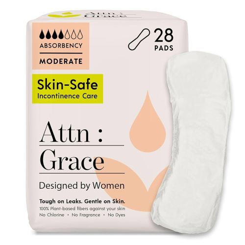 Attn: Grace Moderate Incontinence Pads for Women, 28-Pack - High Absorbency, Breathable, Plant-Based - Incontinence Pads for Moderate Bladder Leaks & Sensitive Skin