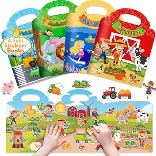 4 Sets Reusable Sticker Books for Toddlers 1-3, Travel Toys for Toddlers 3-5, Activity Books for Kids 2-4, Removable Jelly Stickers Holiday and Birthday Gifts for Boys Girls