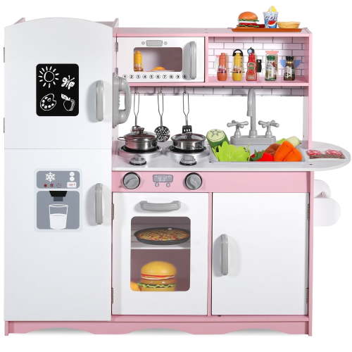 AILEEKISS Kids Play Kitchen Set, Wood Kitchen Playset for Toddler with Accessories, Pink