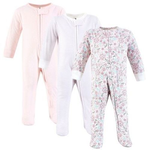 Hudson Baby Girls Cotton Sleep and Play, Outline Floral Soft Pink, 0-3 Months