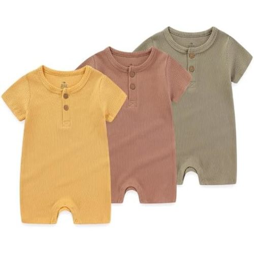 Newborn Baby Boys Girls One Piece Romper 3 Pack Short Sleeve Ribbed Button Multiple colors Jumpsuit Outfit Clothes