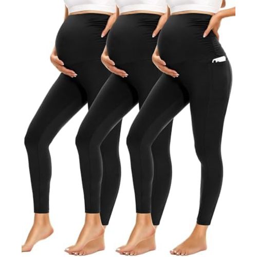 HIGHDAYS Womens Maternity Leggings with Pockets Over The Belly,3 Packs Pregnancy Soft Workout Activewear Yoga Tights Pants