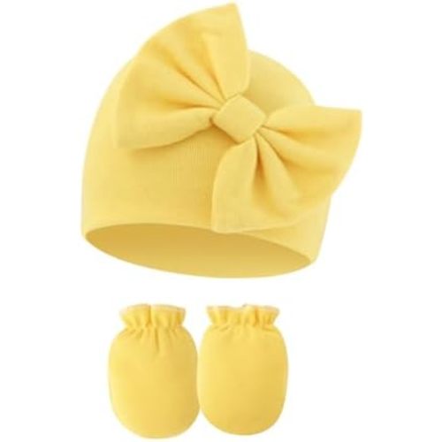 UTTPLL Newborn Beanies Cap No Scratch Mittens Set 0-6 Months Infant Bow Caps Baby Girls Boys Cute Nursery Headbands Hats