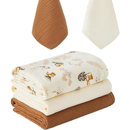 5 Pack Muslin Swaddle Blankets & Baby Burp Cloths, Soft & Breathable Cotton Baby Blankets, Receiving Blankets for Newborn, Nursery Infant Essentials, Swaddling Wrap for Unisex (Brown & Beige)