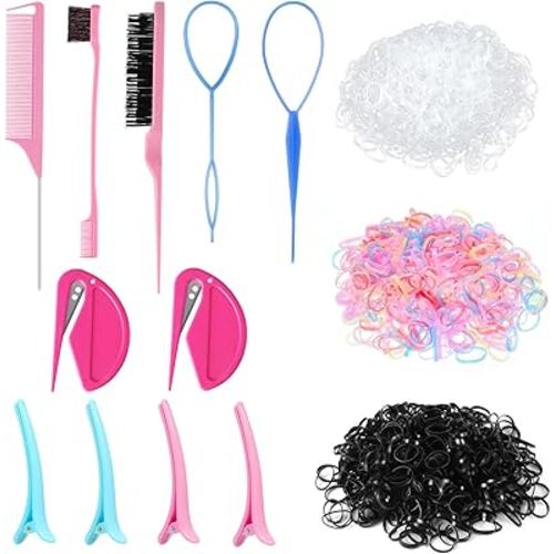 Colorful Mini Rubber Bands with Topsy Tail Styling Tools - Elastic Hair Ties, Hair Cutter, and Hair Accessories for Baby Girls and Women