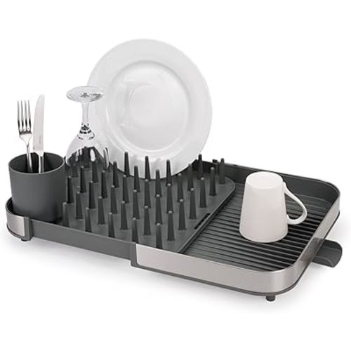 Joseph Joseph Duo Expanding Dish Drying Rack with Removable Silverware Holder, Draining Spout, Stainless Steel