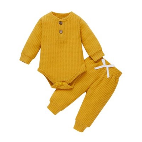 Canrulo Newborn Baby Girls Fall Winter Clothes Set Ribbed Knit Long Sleeve Romper Tops Pants 2PCS Outfit Yellow 9-12 Months