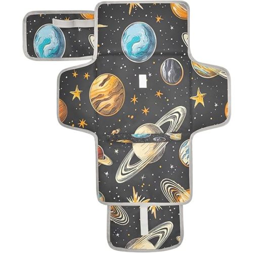 Solar System Planets Geometric Baby Changing Pad - Waterproof Diaper Changing Pad with Built-in Pillow - Portable Travel Changing Mat for Newborn Girl & Boy