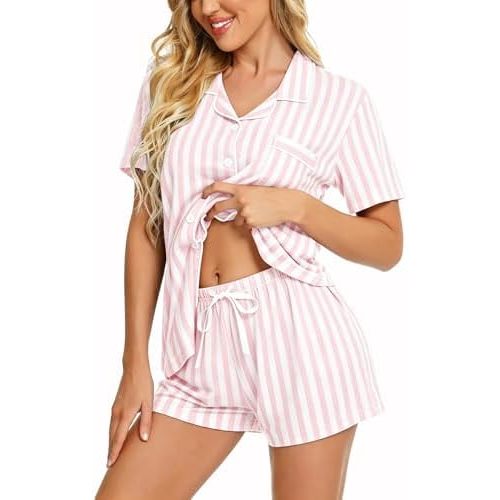 SWOMOG Womens Button Down Pajamas Set Short Sleeve Sleepwear Bride Soft Pj Lounge Sets XS-3XL