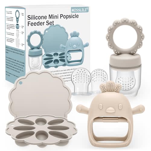 MISSLILI Baby Silicone Fruit Food Feeder Pacifier & Breastmilk Popsicle Freezer Molds,BPA Free Baby Food Storage Containers Frozen Ice Tray for Baby Feeding Safely, Infant Fruit Teething Toy (Beige)
