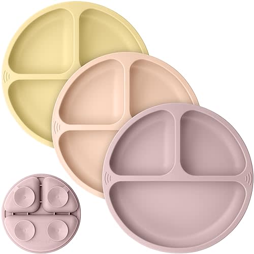 KeaBabies Suction Plates for Baby, Toddler - 3-Pack 100% Silicone Toddler Plates, Divided Baby Plates with Suction, Silicone Plates for Baby, Kids, BPA-Free, Microwave, Dishwasher Safe (Dusk)