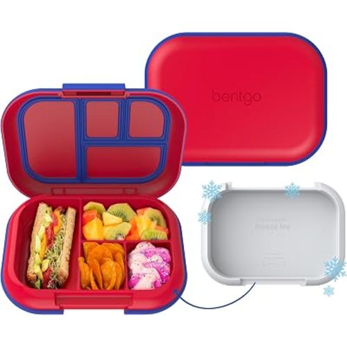 Bentgo Chill Kids Leakproof Lunch Box - 4-Compartment Bento Box with Built-In Ice Pack, 3.3 Cup Capacity, BPA-Free, Microwave & Dishwasher Safe Tray, Ages 3–7 (Red/Royal)