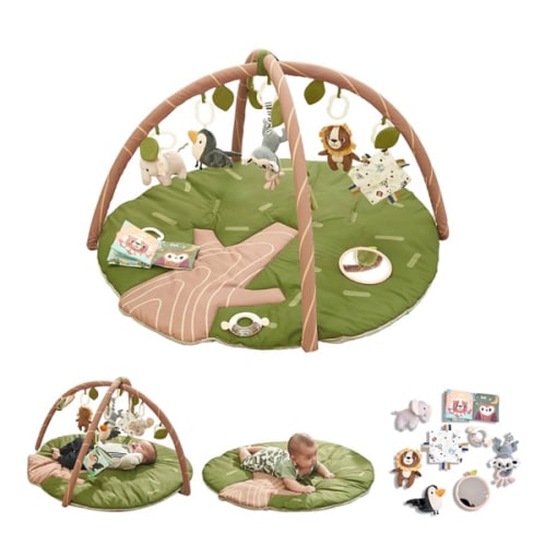 Baby Play Gym Mat - Jungle Safari Activity Mat with 8 Detachable Toys for Sensory Development - Thick, Oversized, Washable and Non-Slip Bottom Playmat - Perfect Tummy Time Mat for Baby