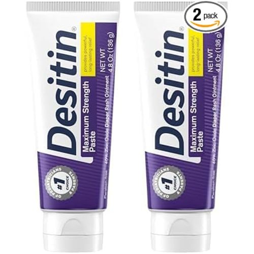 Desitin Maximum Strength Baby Diaper Rash Cream, 40% Zinc Oxide for Treatment, Relief & Prevention, Hypoallergenic, Phthalate- & Paraben-Free Paste, Protects Skin for 12 Hours, 4.8 oz (Pack of 2)