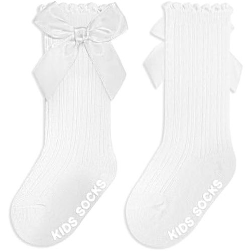 Baby Knee High Socks Non Slip Baby Girl Socks Cotton Bow Infant Stockings Ruffle Toddler Long Sock 0-12M/1-2Y