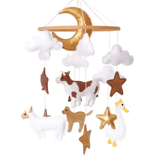 Farm Animals Baby Mobile, Mobile for Crib, Crib Mobile for Boys and Girls, Nursery Mobile for Bassinet, Pack and Play, Cows, Sheep, Golden Retriever, Goose, Moon