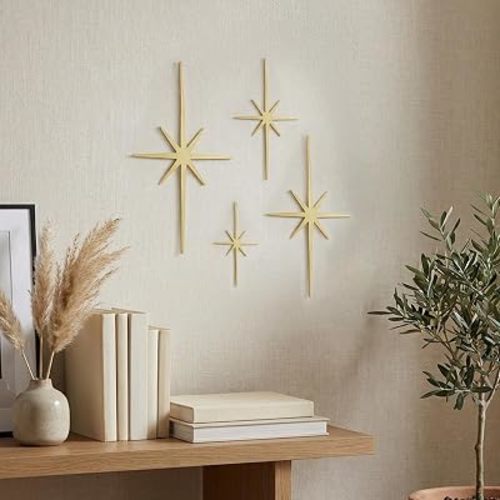 WOPARTY Mid Century Modern Black Starburst Wall Decor, 4 Piece Cast Metal Art Set, 8 Pointed Atomic Stars, Retro Home Decor, Multiple Sizes 13.7 * 7inch to 3.94 * 2.2inch (Gold)