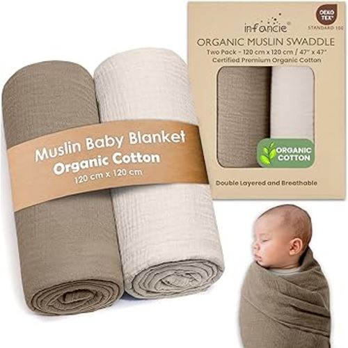 Organic Cotton Muslin Baby Blanket - 120x120 cm (47x47 inches) Breathable Swaddle, Hypoallergenic Double-Layer, Versatile Use (Olive/Ivory)